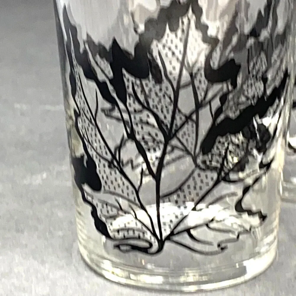 VTG Federal Glass Black Oak Leaf Gold Laurel Tumblers Set 6 MCM Drinking Glasses